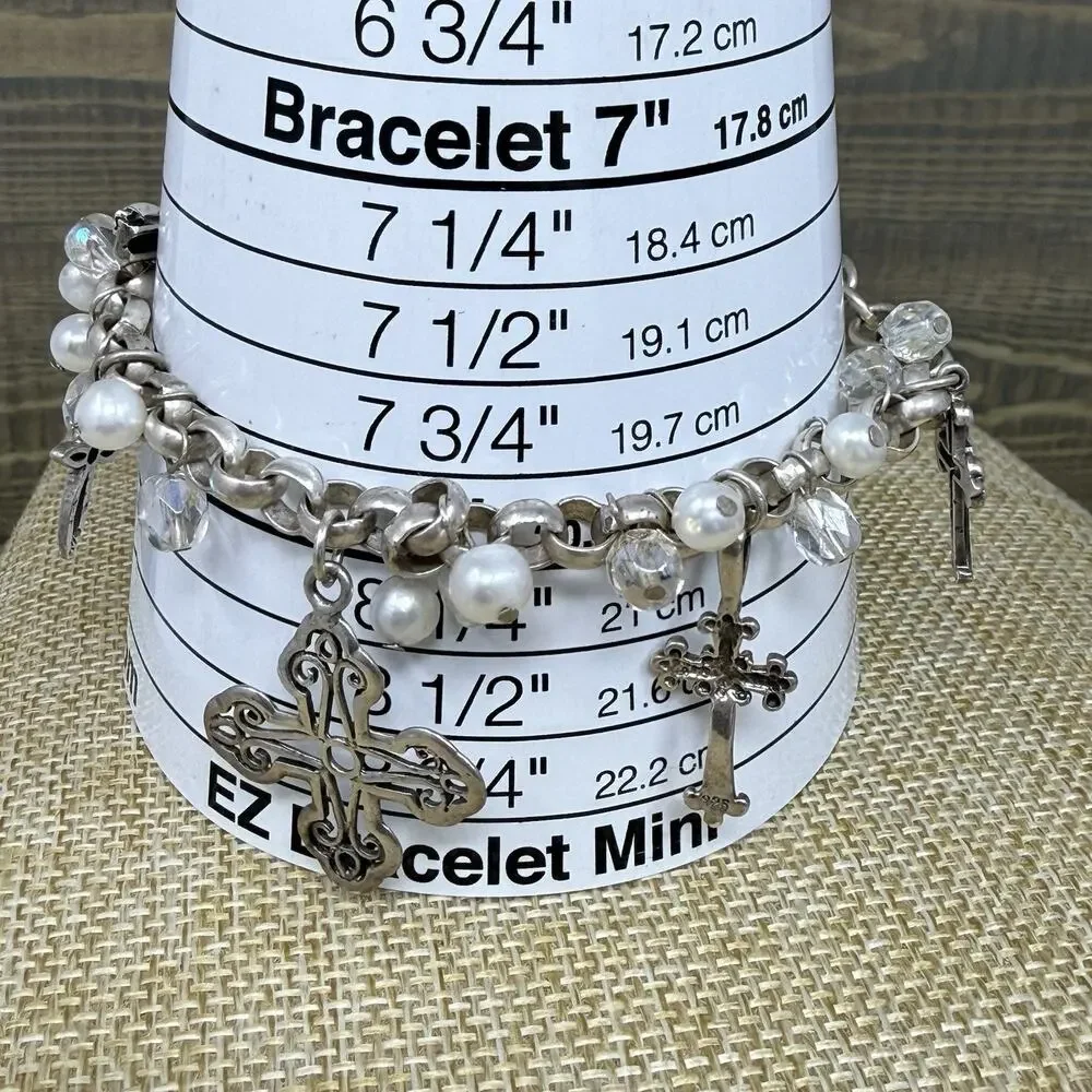 Vintage 925 Religious 5 Cross Charm Bracelet Sterling Silver Christian